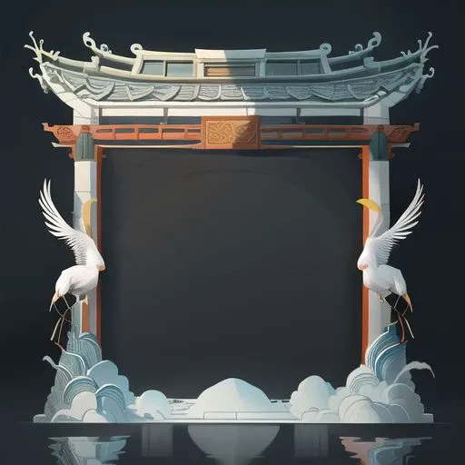 头像框 ,scene, (symmetry:0.2),skeuomorphic, mimicry of architecture, eastern fantasy, chinese archway, antiquity, chinese style, asian style, heavy style, stork, abstract cloud shape pattern, tradition chinese style, quasi-object,clean background, masterpiece, best quality,