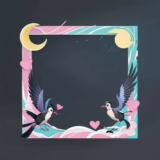 clean black background,头像框, chinese style, blue|magpie,cloud,crescent moon,Realistic style,embellished with pink,heart,Write a sense of substance, masterpiece, best quality,