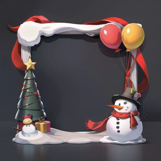clean black background,头像框 ,(scene), red, heavy style,balloon, snowman, christmas tree, ribbon, star, gift box, red scarf, red hat,snow cover,( bunting decoration:0.6),masterpiece, best quality,