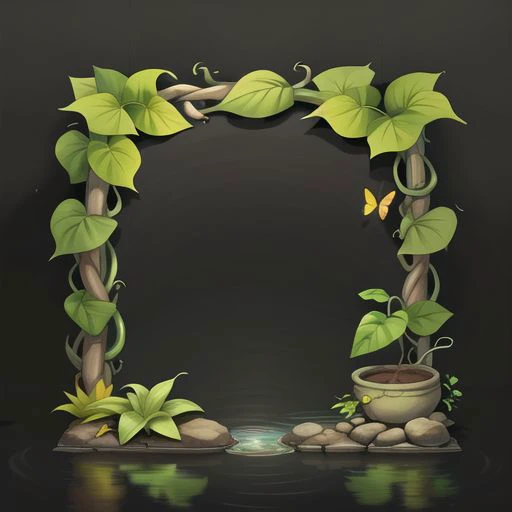 clean dark background,头像框 ,(Cartoon style:0.95), (scene), (vine),dense big leaf, modern, A puddle of water,(flowerpot:0.8) ,Yellow butterfly,(stone:0.6),