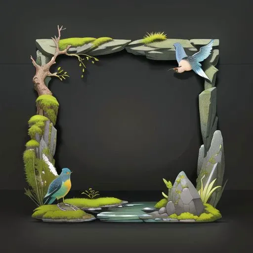 clean dark background,头像框 ,(Akira Toriyama style:1), (scene),twig,rockery, moss,blue Fat bird,White and golden:yellow ,
