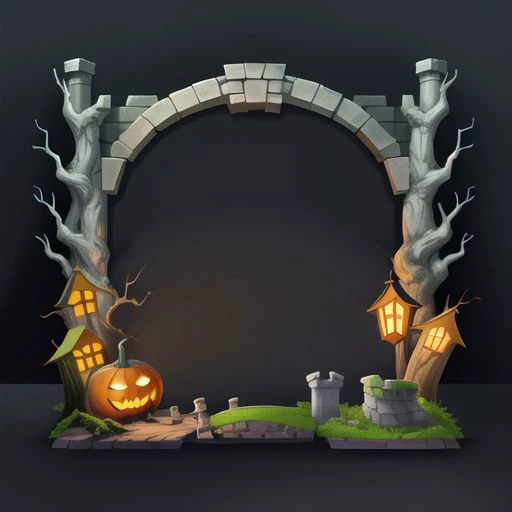 头像框 , mimicry of architecture,scene,Akira Toriyama style,Medieval style,White and orange,halloween,Pumpkin head,dead tree monster, heavy style, fortress,High towers,Covered bridge,Arched stone doors, clean black background,, masterpiece, best quality,