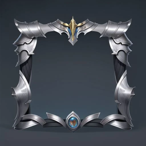 头像框 ,clean black background, symmetry, antiquity, mimicry of clothing, european style, mysterious, absolute symmetry,top center decoration, silver pauldrons, magic armor, Mithril material,golden lines,masterpiece, best quality,