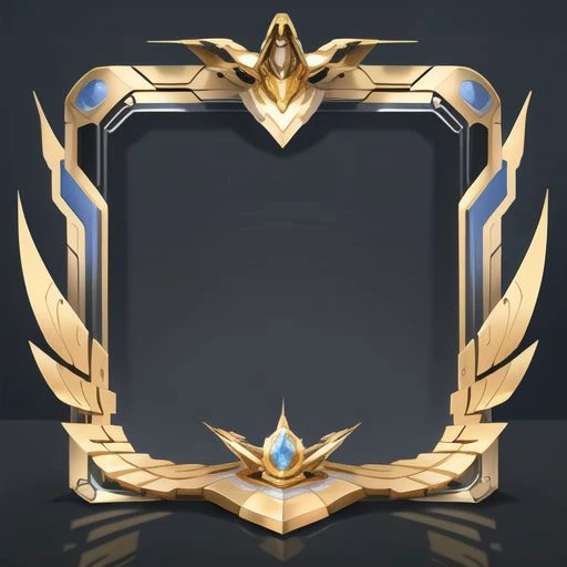 clean dark background, 头像框 , symmetry, (top center decoration:0.2), (faux wings),mechanical-like graphic textures, near future,honor,european style,gold and silver, class medal structure, phoenix shape graphic, golden material, light blue|inlaid gemstones,