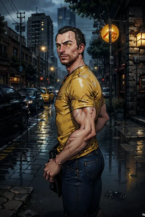 (masterpiece, top quality, best quality, official art, detailed:1.2), <lora:lambert-20:0.7>, lambertW3_soul3142, looking at viewer, scar, scar on face, yellow eyes, (blue tshirt:1.1), jeans, holding bags, outdoors, rain, (city:1.1), cityscape, lights, from side