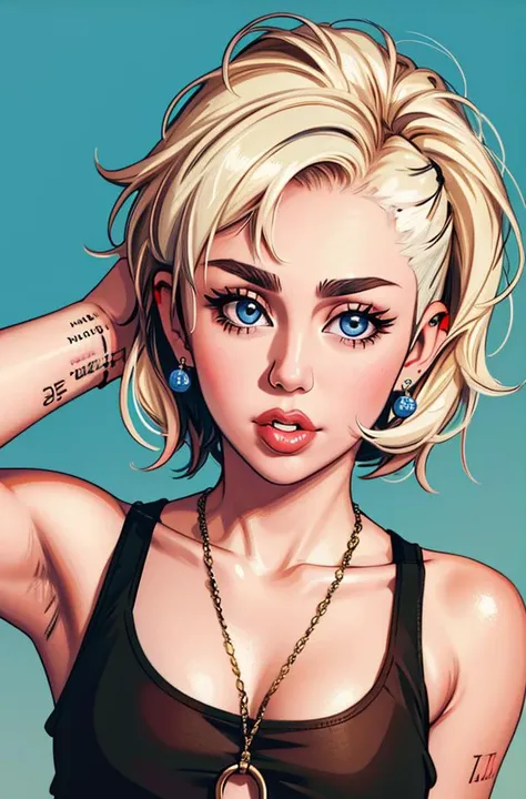 face and bust portrait, miley cyrus wearing a tanktop, high quality, masterpiece, absurdres