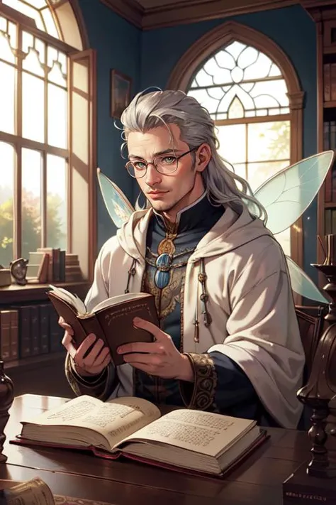 realistic, (best quality, masterpiece:1.3) , Well-lit window, vintage reading room, Intricate Window, many fairies floating in the sky
of, reading book,fairy tale, Arcane Handkerchief, Fitness Tracker, Glasses Chain, Romantic, soft light, silver hair, bright pupils, long hair, hair slicked back