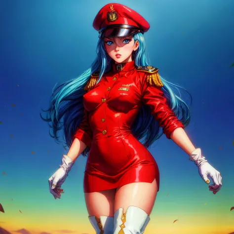 (nsfw:0.9), urushihara satoshi, (8k, RAW photo, best quality), looking at viewer, 1girl, solo, 1990s \(style\), retro artstyle, confused, cowboy shot, long hair, very_long_hair, light-blue hair, blue eyes, medium breasts, white military uniform, over-knee boots, white long boots, high heels, military cap, full-arm-gloves, black gloves, black_cross_ornaments, black collar,