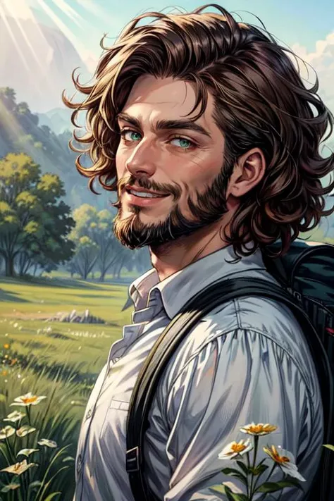 (masterpiece, best quality), photorealistic rendering, abstract and colorful paint style, cowboy shot, <lora:add_detail:1> (1man, adult male), green eyes, brown hair, curly hair, short beard, portrait, solo, looking into distance, detailed background, detailed face, white shirt, backpack, smiling, supernatural abilities, ethereal aura, grassland background, sunshine, god rays