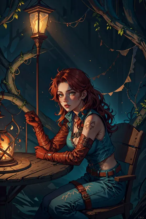 (inked original-art:1.2), (lineart:1.31), (fine-details:1.3), limited-palette, <lora:add_detail:0.5>
1 girl, adult woman, freckles, amber eyes, ginger wavy hair,
solo, half shot, detailed background, detailed face, (<lora:GasLightPunkAIv3:0.5>, GasLampFantasyAI theme:1.1), explorer, sitting at campfire, dynamic pose, rugged tattered leather clothes, vest, rope, holster, straps, gloves, (leather pouches:0.4), compass, dark dungeon background, vines, moss, dust, dark cinematic atmosphere, occult, shadows,