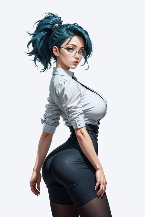 full-body shot, pastel colors,
(inked original-art:1.2), (lineart:1.31), (fine-details:1.3), Flat-colors, (depth),
charturnerv2, character turnaround of a mature woman, huge breasts, green eyes, glasses, (blue hair:1.2), (teacher clothing:1.1), thigh high stockings, hourglass figure, thick thighs,
(Multiple views of the same character in the same outfit, front view, back view:1.2),
(punk hair:1.1), shy, smirk,
white background,
<lora:add_detail:0.5> <lora:realistic:.6> <lora:sharpen-soften:-0.5>, <lora:slim_thick:0.4>, slim_thick, b1mb0,