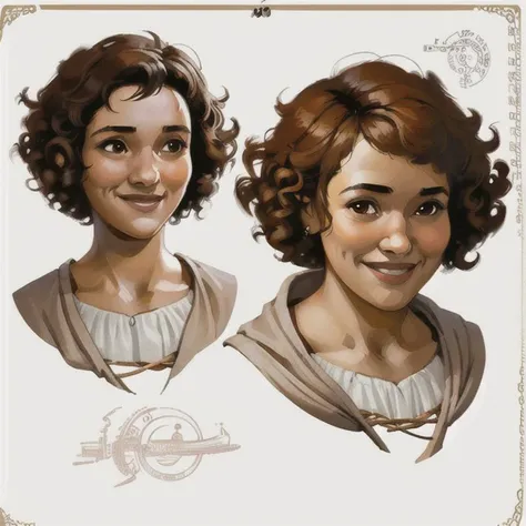 <lora:dnd_portrait:0.7> , illustration, concept art, portrait,  brown eyes, bard, short curly hair, cute, human, 1 girl, in the style of greg rutkowski, lute, smiling