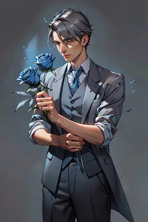 1male, holding a blue roses, simple grey background, birds feathers