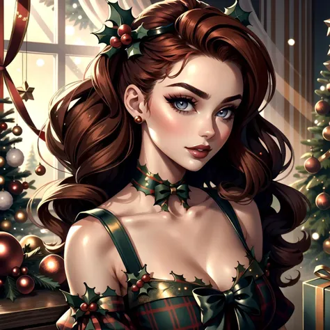 woman, long auburn hair, grey eyes, christmas pinup <lora:Christmas Pin up_v1:1>