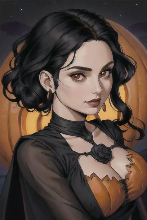 (artwork close-up:1.2),(lineart:1.33), Woman, curly black hair, full body, halloween pumpkin theme, purple long dress, delicate jewlery, bats in the background, nightsky background, portrait, sharp lines