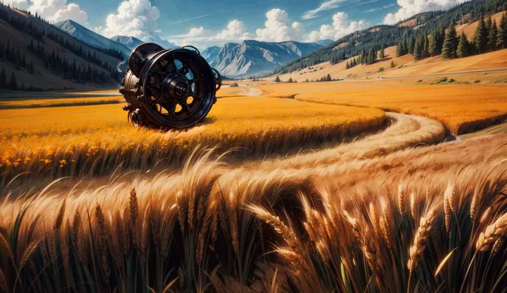 (ULTRA-DETAILED GRAPHIC-NOVEL ILLUSTRATION:1.1),
BREAK,
vast empty wild wheat field, valley between mountains,
little creek, sky,
(HUGE HIGH-TECH STEAM-PUNK STYLE BRASS GEAR IS LYING IN FIELD:1.25),
BREAK,
BEST QUALITY, MASTERPIECE, HIGH-RES, HIGHLY DETAILED,
INTRICATE DETAILS, SMOOTH SHADING, SHARP LINES,
<lora:detailTweaker 90 ca 15:1.2>, <lora:noiseOffset v2 41 en 15:0.8>,