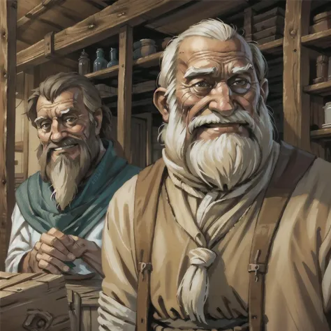 <lora:dnd_portrait:0.7> illustration, concept art, portrait, merchant, human, in the style of greg rutkowski, rustic, rpp, middle-aged , warm and welcoming, sturdy build, modest yet well-kept clothing, earth-toned attire, hardworking, friendly expressions, village merchants, Caucasian, simple but content, hint of wealth in their eyes, wooden background, indoor shop setting, smile