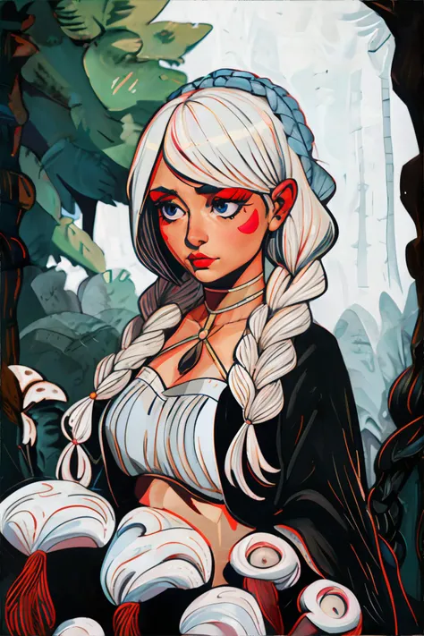 <lora:knittedsweatereffect-tangbohu:1.5>, romani woman, platinum blonde fishtail braid, black eyes, wearing white tube top || <lora:knittedsweatereffect-tangbohu:0.5>, portrait, woman, clothing, skin, hair, masterpiece, 8k, high resolution, shallow depth of field, sharp focus