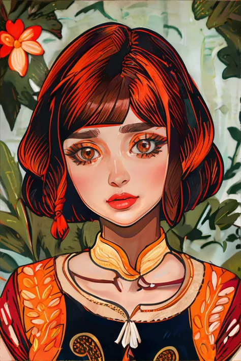 <lora:knittedsweatereffect-tangbohu:1.5>, ashkenazi woman, dark auburn bob cut, light brown eyes, wearing light orange printed blouse || <lora:knittedsweatereffect-tangbohu:0.5>, portrait, woman, clothing, skin, hair, masterpiece, 8k, high resolution, shallow depth of field, sharp focus