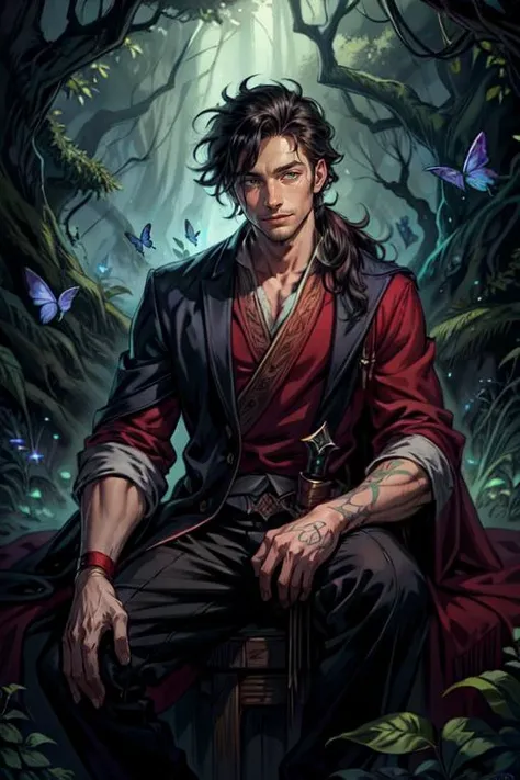 (masterpiece, best quality), photorealistic rendering, abstract and colorful paint style, <lora:add_detail:1> (1boy, adult male, young face), green eyes, black hair, long hair, (messy hair:1.2), low ponytail, Style-GravityMagic, cowboy shot, solo, looking at viewer, detailed background, detailed face, (<lora:DruidMagicAI-000010:0.5>, WitchcraftPunkAI theme:1.1) sorcerer, red shirt, black robe, black pants, black armband, thinking, sitting, happy expression, supernatural abilities, ethereal aura, wine, plants, magic forest background, indigo butterflies, evening, verdant atmosphere