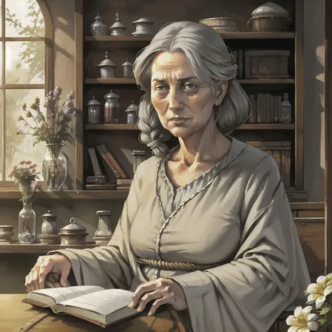 <lora:dnd_portrait:0.7> illustration, concept art, portrait, herbalist, elderly woman, in the style of greg rutkowski, wise and serene, rpp, gray hair, kind eyes, deep wrinkles, simple yet elegant robes, surrounded by herbs and flowers, Caucasian, earthy tones, warm lighting, garden in the background, indoor setting, surrounded by shelves with jars and herbs, knowledgeable, mystical aura, connected to nature