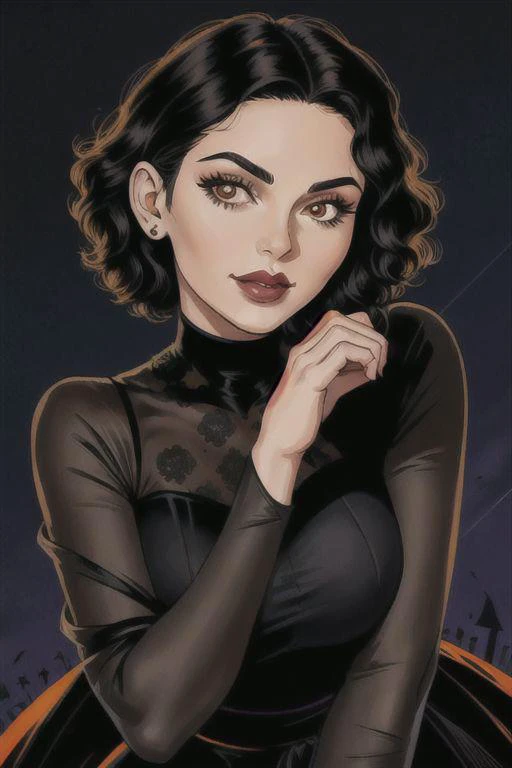 (artwork close-up:1.2),(lineart:1.33), Woman, curly black short hair, full body, halloween pumpkin theme, purple long dress, nightsky background, portrait, sharp lines