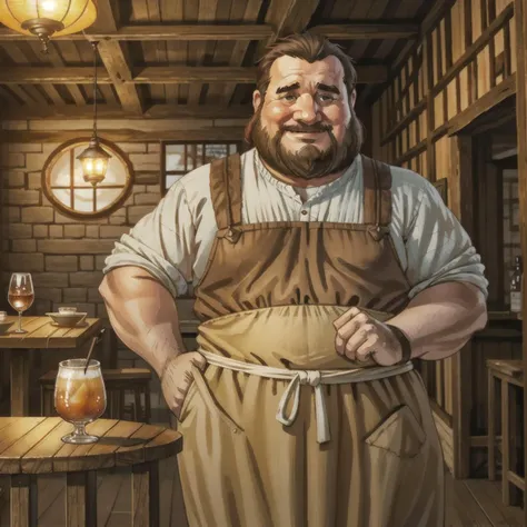 <lora:dnd_portrait:0.7> illustration, concept art, portrait, tavern keeper, friendly and corpulent man, in the style of greg rutkowski, warm smile, jovial expression, rpp, round face, ruddy cheeks, brown hair with a few grays, wearing a simple yet sturdy apron, holding a tankard of ale, cozy tavern background, fireplace glowing warmly, wooden beams and large tables, rustic and welcoming atmosphere, hearty and approachable, cheerful aura, indoor setting, oak wood, surrounded by food and drink, lively and inviting