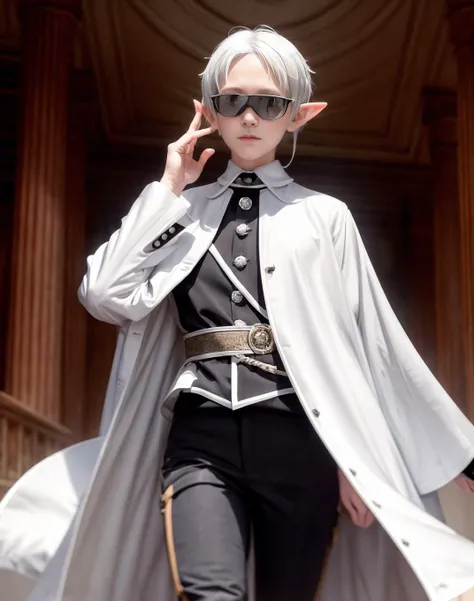 best quality, masterpiece, (detailed), realistic, photo realistic, closeup, <lora:more_details:0.6>, <lora:sylphiette:1>, 1girl, sylm, pointy ears, solo, gloves,short hair, white gloves, white background, elf, simple background, ahoge, pants, black pants, sunglasses, looking at viewer, long sleeves, shirt, tinted eyewear, androgynous, open mouth, hand up, short hair, white hair, grey hair, smile, 1boy, standing,cape,male focus, bangs, white shirt, feet out of frame, index finger raised,green coat, blue-tinted eyewear, glasses, parted bangs
