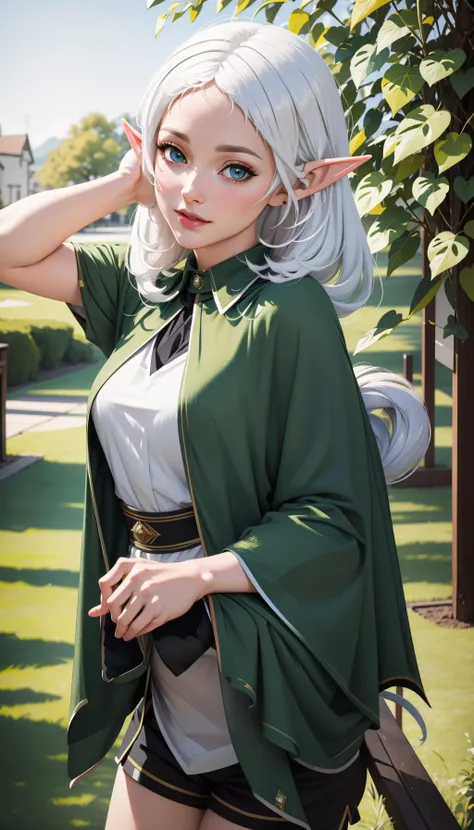 Ultra-realistic 8k CG,masterpiece,best quality, looking at viewer, (photorealistic:1.4),(extremely detailed face),perfect skin,
<lora:sylphiette:0.8>,
sylm, 1girl, solo,
pointy ears, elf, white hair,green cape,black shorts, cosplay, (smile:0.4),