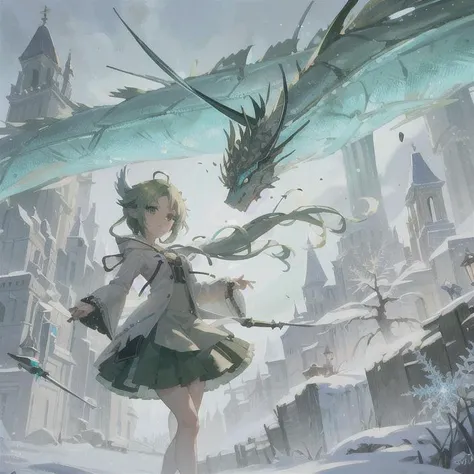 A ( Sylphiette ) with an (ice dragon) behind her, surrounded by frost and snowflakes.; In the style of Fantasy, green hair , masterpiece, best quality,1girl,solo, mushuko tensei, (masterpiece, sidelighting, finely detailed beautiful eyes: 1.2) <lora:sylphiette_v10:0.8>