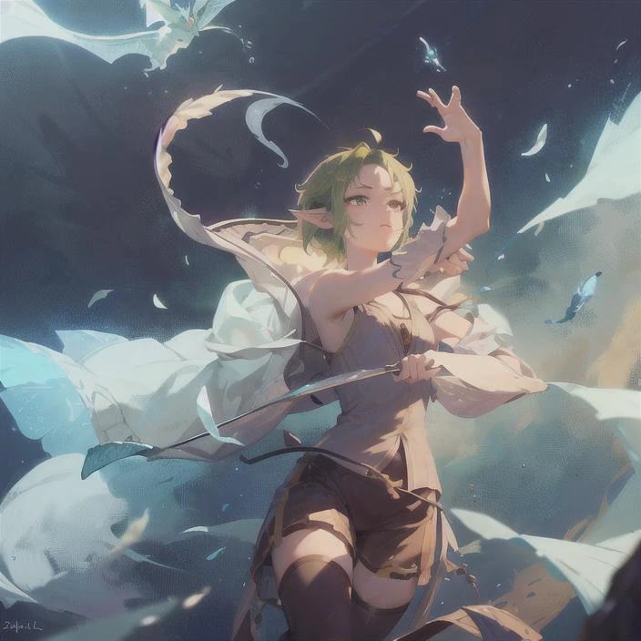 A ( Sylphiette ) casting a (air dragon spell) with her (left hand) in a dramatic pose, surrounded by a mystical aura;.; In the style of Fantasy, green hair , masterpiece, best quality,1girl,solo, mushuko tensei, (masterpiece, sidelighting, finely detailed beautiful eyes: 1.2) <lora:sylphiette_v10:0.8>