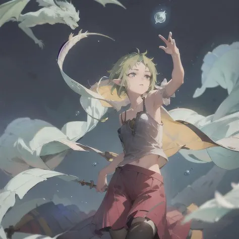 A ( Sylphiette ) casting a (air dragon spell) with her (left hand) in a dramatic pose, surrounded by a mystical aura;.; In the style of Fantasy, green hair , masterpiece, best quality,1girl,solo, mushuko tensei, (masterpiece, sidelighting, finely detailed beautiful eyes: 1.2) <lora:sylphiette_v10:0.8>