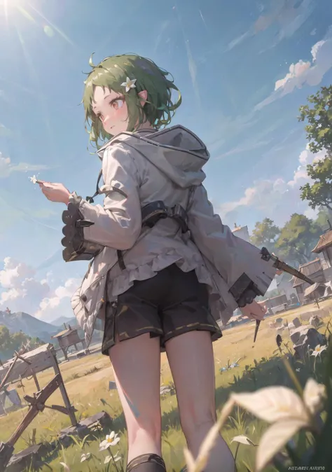 masterpiece,highres,extremely detailed CG unity 8k wallpaper, best quality, ultra-detailed,(best shadow),1girl, landscape,flower,meadow, sunlight,day,cloudy sky,standing,castle,((from behind)), vanishing point ,field, rural, rice paddy,looking at landscape, panorama,overlook,(high contrast:0.8),(((distant view))),adjusting hair,blurry foreground,<lora:sylphiette_v10:0.8>,alpine,