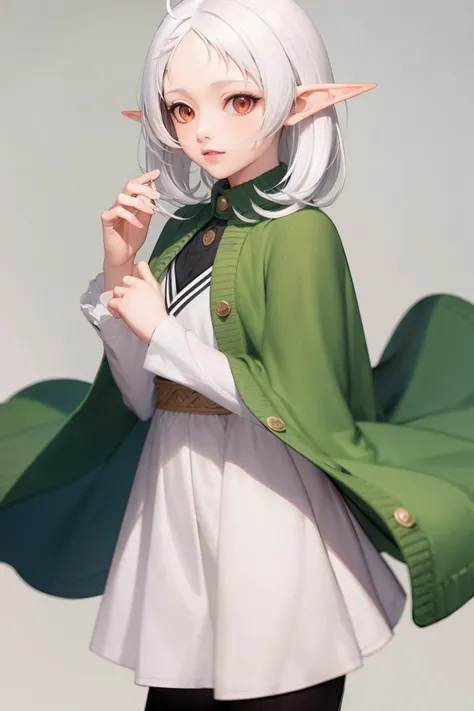 masterpiece, best quality, <lora:sylphiette:1>,sylm, 1girl, solo, pointy ears, elf, white hair, ahoge, white dress, cape, green capelet, red eyes,long hair, long sleeves, grey background,