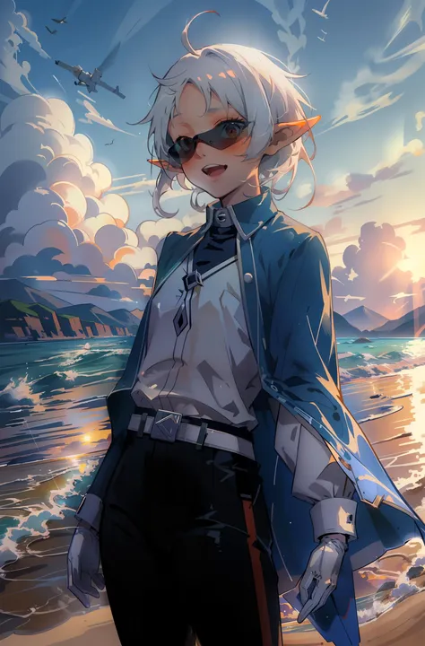 sylm, androgynous, white gloves, elf, ahoge, white hair, short hair, short hair with long locks, tinted eyewear, cape, shirt, long sleeves, belt, black pants, beach, belt, blindfold, cape, cloud, cloudy sky, day, horizon, male focus, mountain, ocean, open mouth, outdoors, pointy ears, sky, smile, solo, sunglasses, sunset, water, watercraft <lora:sylphiette:0.8>