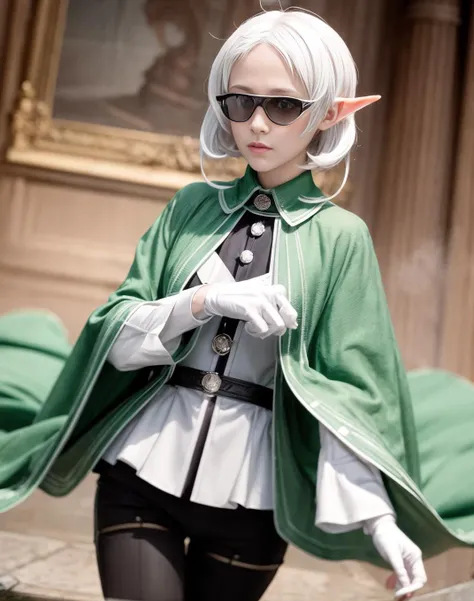 best quality, masterpiece, (detailed), realistic, photo realistic, closeup, <lora:more_details:0.6>, <lora:sylphiette:1>,sylm,androgynous,white gloves,elf,ahoge,white hair,short hair,short hair with long locks,pointy ears, tinted eyewear, green cape,shirt,long sleeves,belt,black pants,