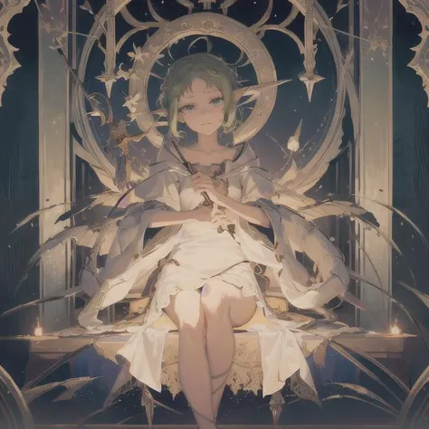 A tarot card featuring a ( Sylphiette ) holding a (magic wand) surrounded by mystical symbols and intricate patterns; In the style of Fantasy, masterpiece, best quality,1girl,solo, mushuko tensei, (masterpiece, sidelighting, finely detailed beautiful eyes: 1.2) <lora:sylphiette_v10:0.8>
