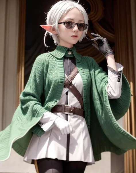 best quality, masterpiece, (detailed), realistic, photo realistic, closeup, <lora:more_details:0.6>, <lora:sylphiette:1>,sylm,androgynous,white gloves,elf,ahoge,white hair,short hair,short hair with long locks,pointy ears, tinted eyewear, green cape,shirt,long sleeves,belt,black pants,