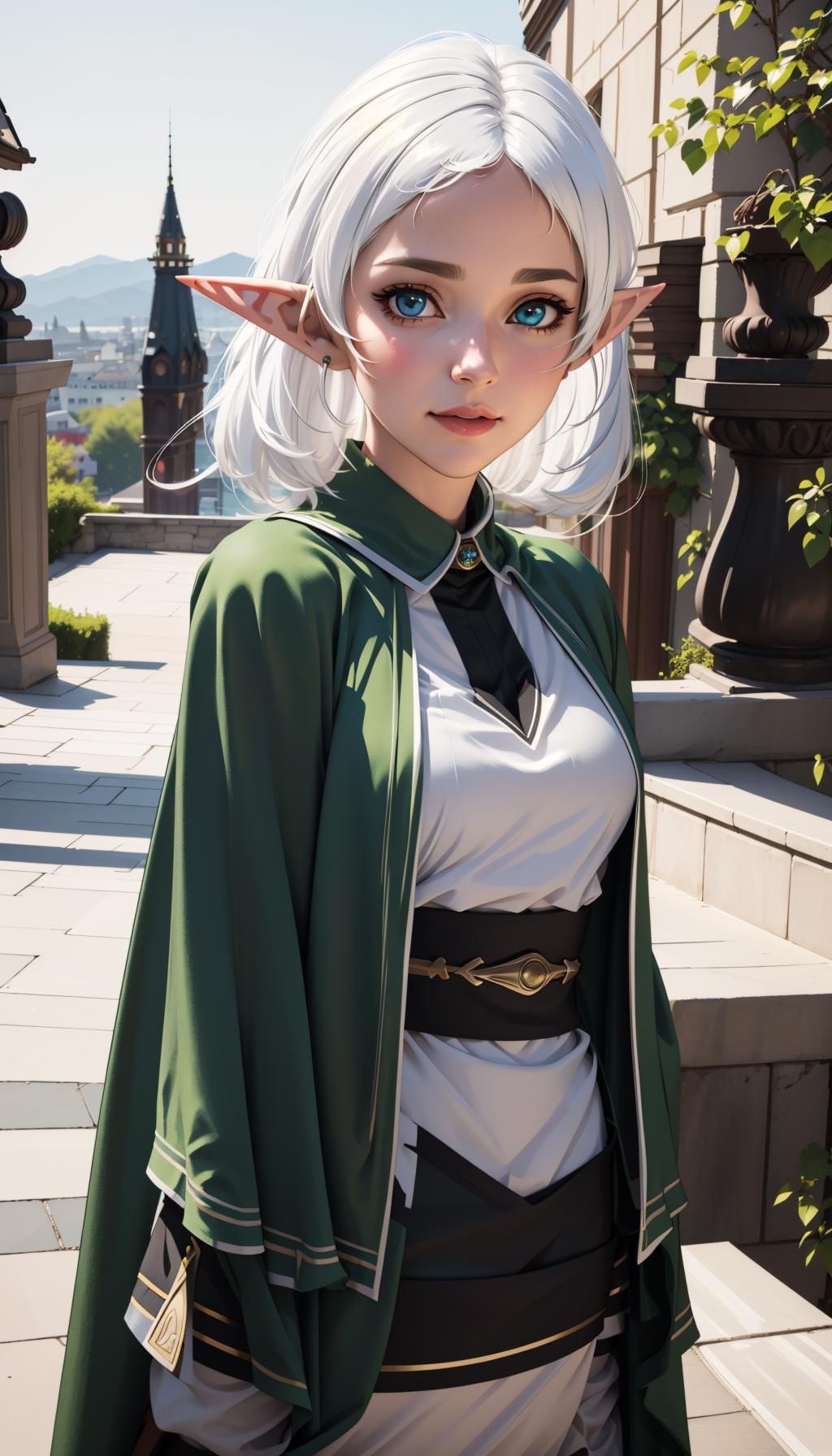 A close up of a person with a white hair and a green cape - SeaArt AI