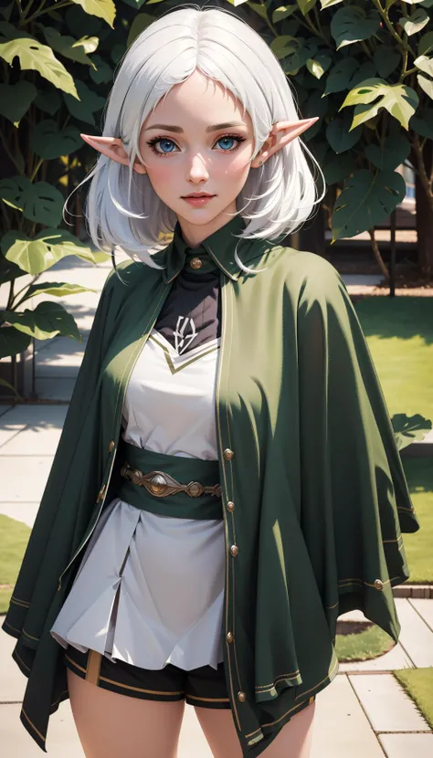 Ultra-realistic 8k CG,masterpiece,best quality, looking at viewer, (photorealistic:1.4),(extremely detailed face),perfect skin,
<lora:sylphiette:0.8>,
sylm, 1girl, solo,
pointy ears, elf, white hair,green cape,black shorts, cosplay, (smile:0.4),