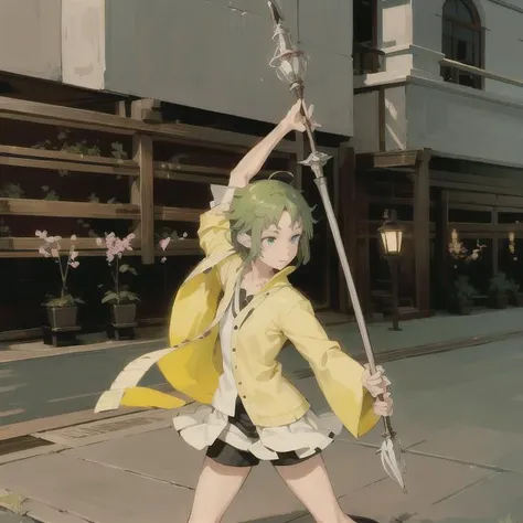 A ( Sylphiette ) practicing karate with a (staff) in a serene outdoor (dojo); focused expression, determined stance.; In the style of Fantasy, masterpiece, best quality,1girl,solo, mushuko tensei, (masterpiece, sidelighting, finely detailed beautiful eyes: 1.2) <lora:sylphiette_v10:0.8>