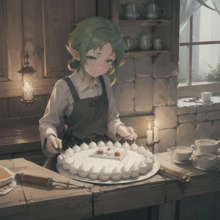 A ( Sylphiette ) clumsily preparing a (cake) in a (fantasy medieval) kitchen with various magical ingredients; In the style of Fantasy, masterpiece, best quality,1girl,solo, mushuko tensei, (masterpiece, sidelighting, finely detailed beautiful eyes: 1.2) <lora:sylphiette_v10:0.8>