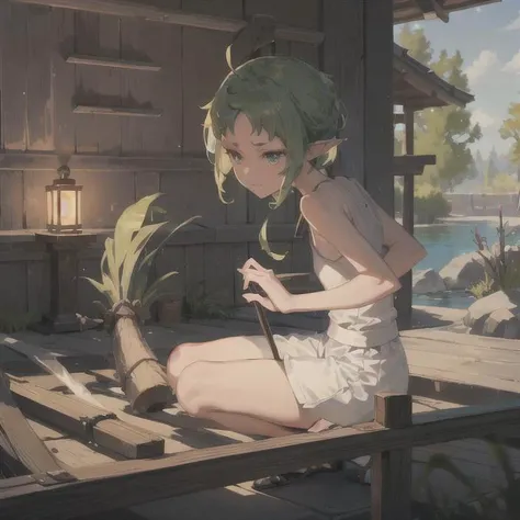 A ( Sylphiette ) practicing karate with a (staff) in a serene outdoor (dojo); focused expression, determined stance.; In the style of Fantasy, masterpiece, best quality,1girl,solo, mushuko tensei, (masterpiece, sidelighting, finely detailed beautiful eyes: 1.2) <lora:sylphiette_v10:0.8>