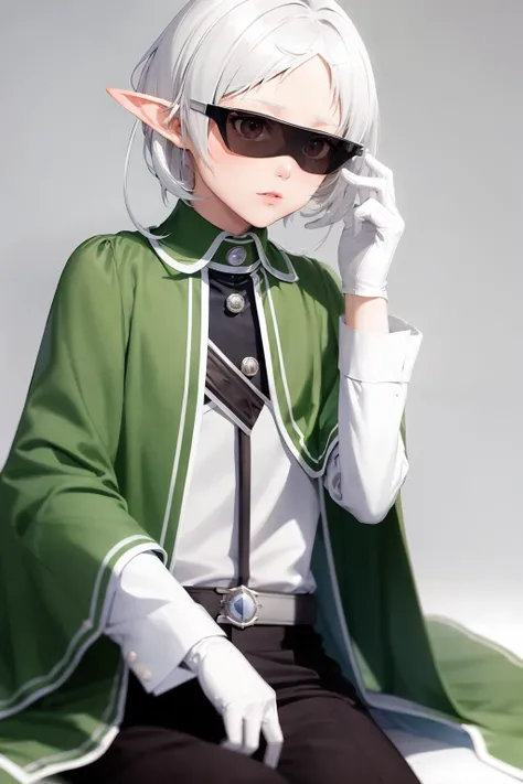 masterpiece, best quality, <lora:sylphiette:1>,sylm,solo,white gloves,elf,ahoge,white hair,short hair,short hair with long locks,,pointy ears, tinted eyewear, androgynous,cape,shirt,long sleeves,belt,black pants,grey background,
