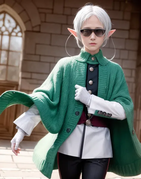best quality, masterpiece, (detailed), realistic, photo realistic, closeup, <lora:more_details:0.6>, <lora:sylphiette:1>, sylm, pointy ears, solo, gloves,short hair, white gloves, white background, elf, simple background, ahoge, pants, black pants, sunglasses, looking at viewer, long sleeves, shirt, tinted eyewear, androgynous, open mouth, hand up, short hair, white hair, grey hair, smile, 1boy, standing,cape,male focus, bangs, white shirt, feet out of frame, index finger raised,green coat, blue-tinted eyewear, glasses, parted bangs