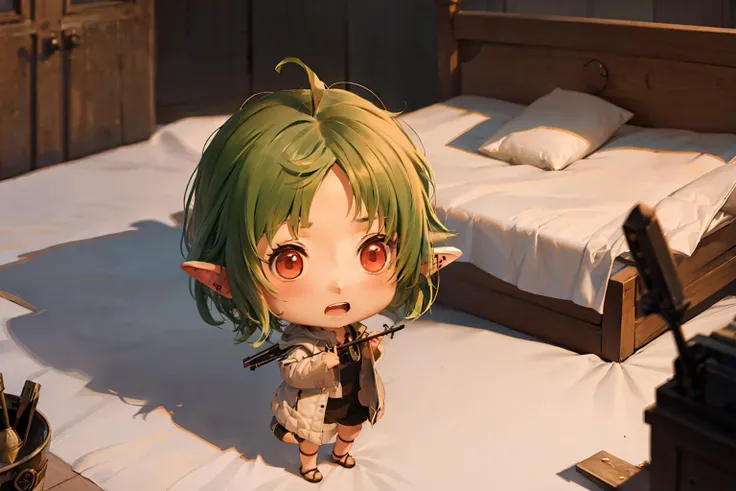 masterpiece, best quality,1girl,solo,green hair,red eyes,(chibi:1.6)