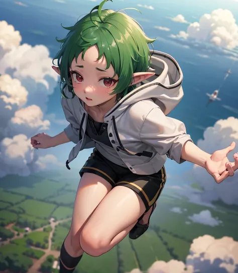 (incredibly absurdres), (best quality), high resolution, highres, distinct image, solo focus, flying, sky high, air current, (above clouds:1.3), (Air Drop, high falling:1.1), 1girl, <lora:sylphiette_v10:0.75>, white hoodie, black shorts, 6A8E22_short hair, bare forehead, pointy ears, from above, ground,