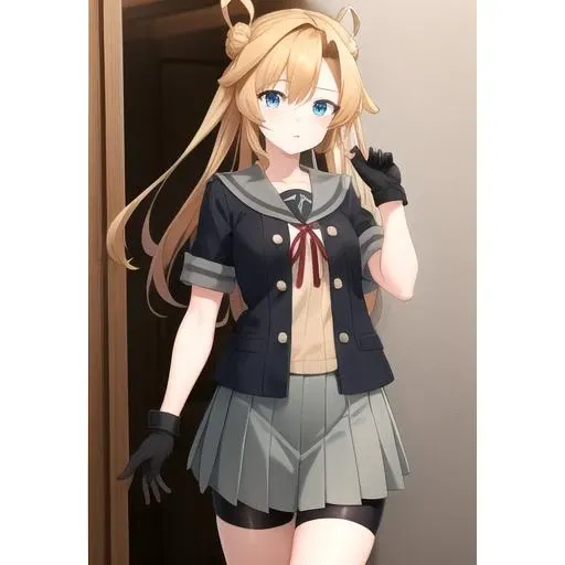 ((masterpiece)),(best quality),official art,extremely detailed CG,unity 8k wallpaper,ultra detailed,1girl,solo,cowboy shot,grey_sailor_collar,long_hair,blonde_hair,sailor_collar,hair_bun,double_bun,neck_ribbon,serafuku,black_jacket,school_uniform,black_gloves,blue_eyes,grey_skirt,hair_rings,red_ribbon,bike_shorts,pleated_skirt,shorts_under_skirt,short_sleeves,partially_fingerless_gloves,black_footwear,hair_between_eyes,<lora:Abukuma(kan)>,