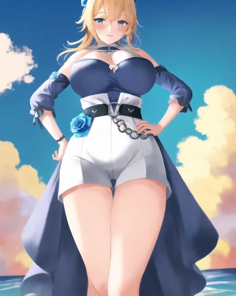 1girl, bangs, bare shoulders, blonde hair, blue eyes, blue  flower, white shorts,(blue top), blue rose, beach background, ocean, bow, breasts, cloud, cloudy sky, sunset, twilight, detached sleeves, flower, hair bow, jean_\(genshin_impact\), large breasts,cleavage,smile,blush,  outdoors,(thick thighs), large hips, hourglass body, rose, sky, solo,(hands on hips), walking,full body,((tall)),(from below),((shadowed))