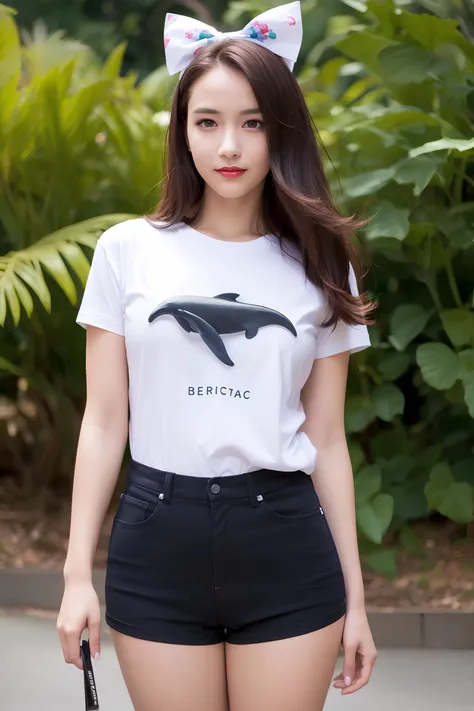 <lora:ChineseDollLikeness_V10:0.6>,1 girl,(1 18-year-old girl),(upper body),(medium breasts),upper body,(realistic:1.7),((best quality)),absurdres,(ultra high res),(photorealistic:1.6),photorealistic,octane render,(hyperrealistic:1.2), (photorealistic face:1.2), (8k), (4k), (Masterpiece),(realistic skin texture), (illustration, cinematic lighting,wallpaper),( beautiful eyes:1.2),((((perfect face)))),(standing),(looking at viewer:1.2),(smile:0.9),(cute),(long hair),(bow hairband),(printed t-shirt:1.2),dolphin shorts,arms behind back,(red lips:1.1),outdoors, <lora:koreanDollLikeness_v20a:0.8> <lora:koreanDollLikeness_v20a:0.4>